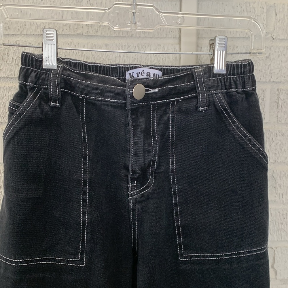 Kreamy Cargo Straight Leg Jeans Women Size S Elastic Waist Contrast Stitching - Picture 5 of 13